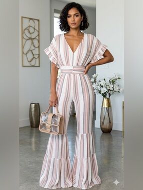 Striped Flutter-Sleeve Jumpsuit